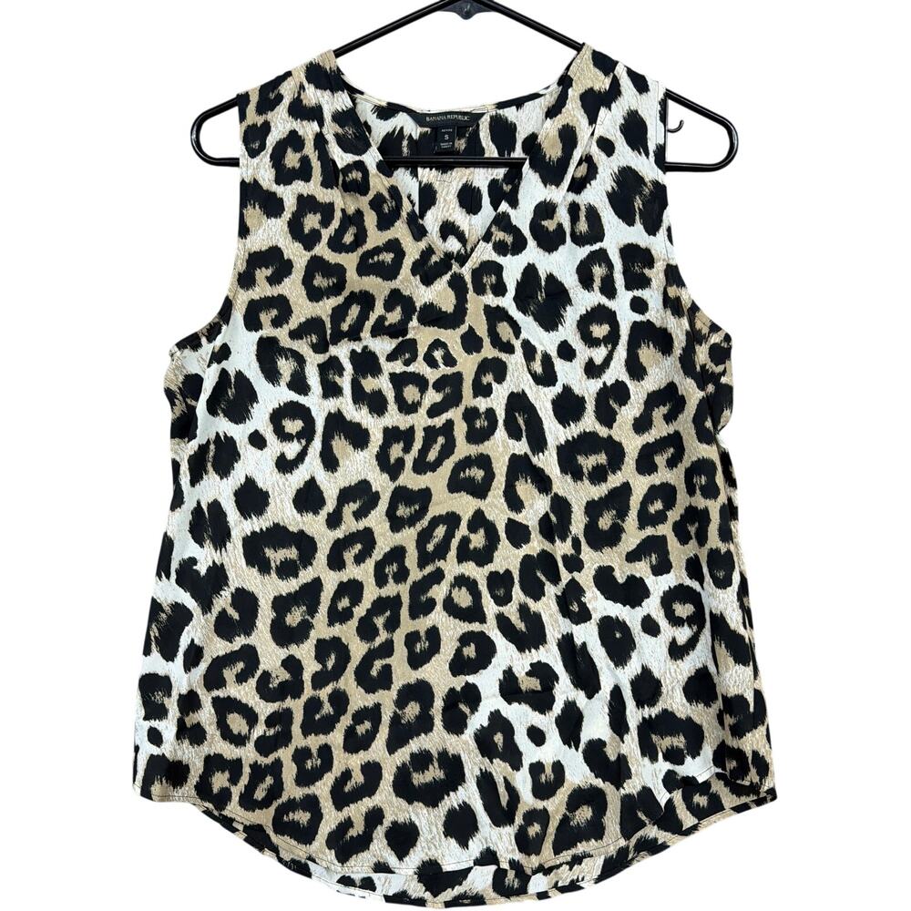 Banana Republic Womens Blouse Black Brown Leopard Print Petite Sleeveless SP